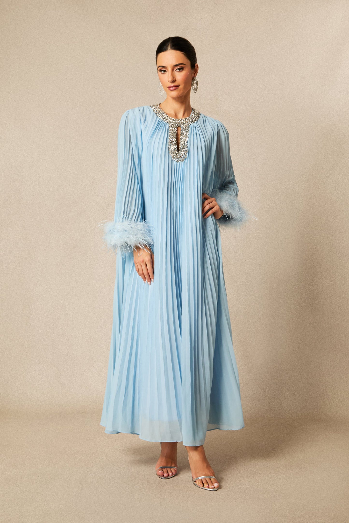 Joy Diamante Feathered Pleated Maxi Chiffon Dress