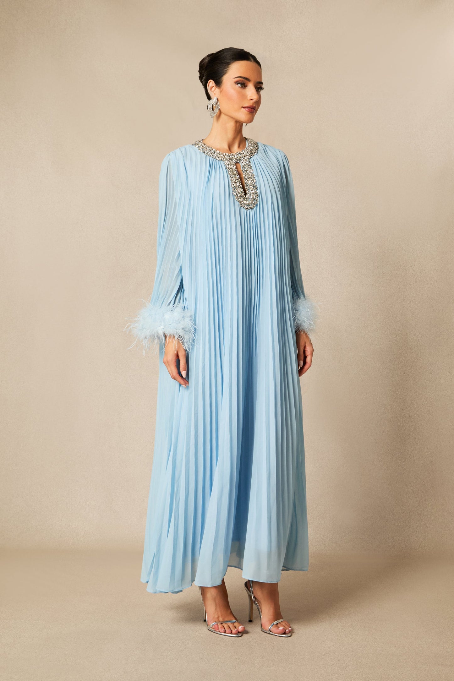 Joy Diamante Feathered Pleated Maxi Chiffon Dress