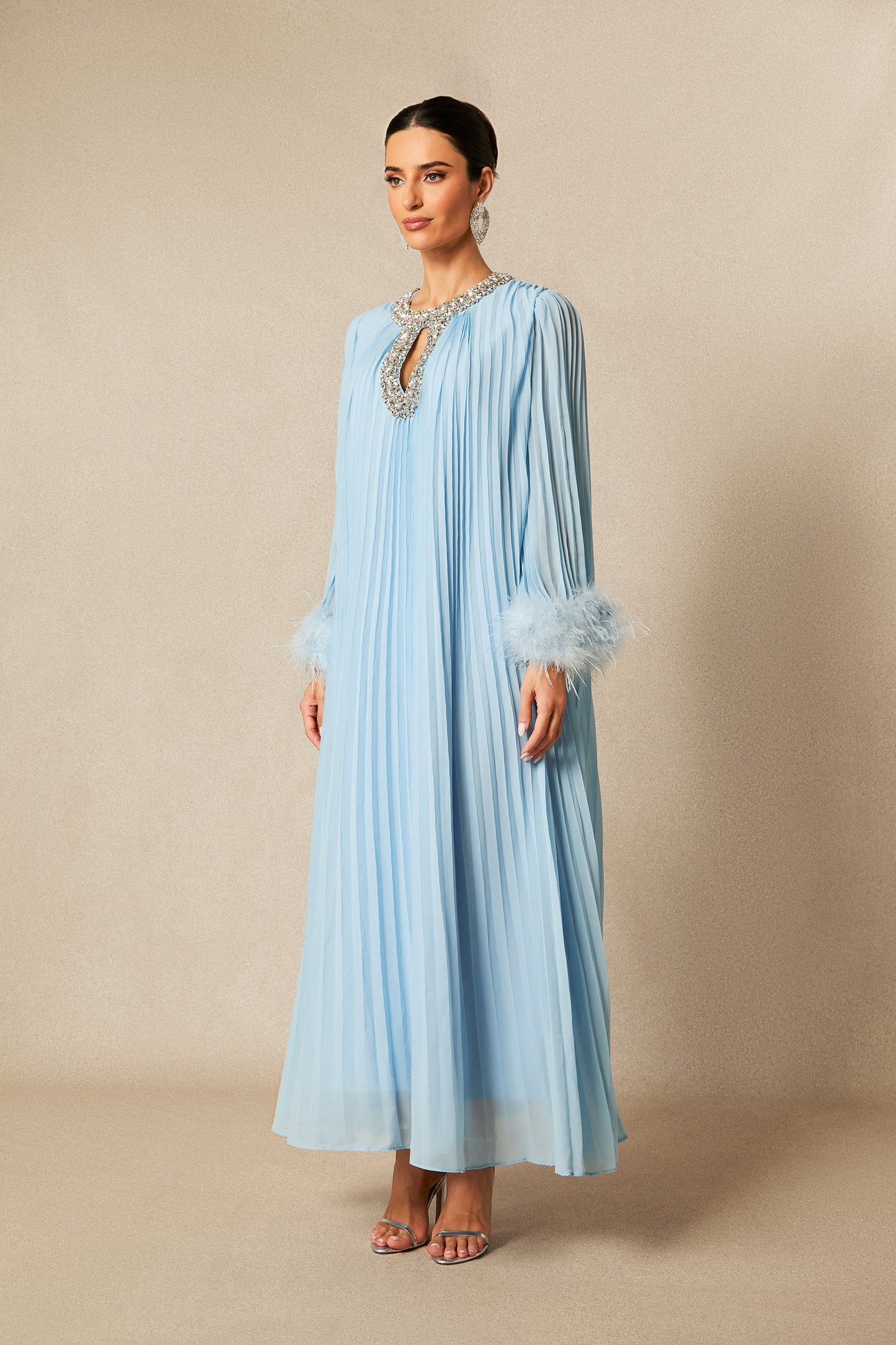 Joy Diamante Feathered Pleated Maxi Chiffon Dress