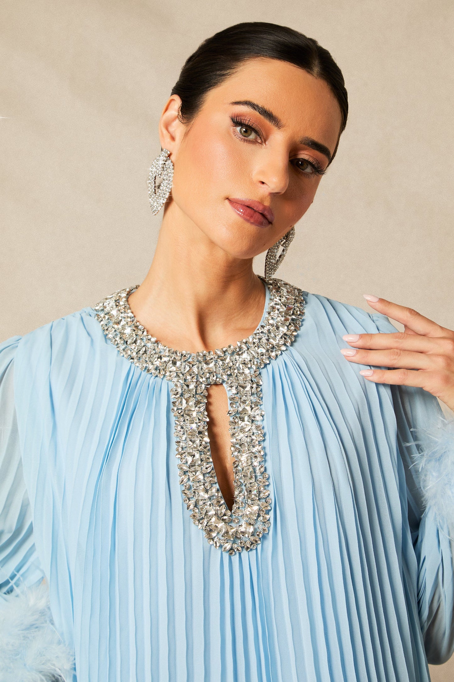 Joy Diamante Feathered Pleated Maxi Chiffon Dress