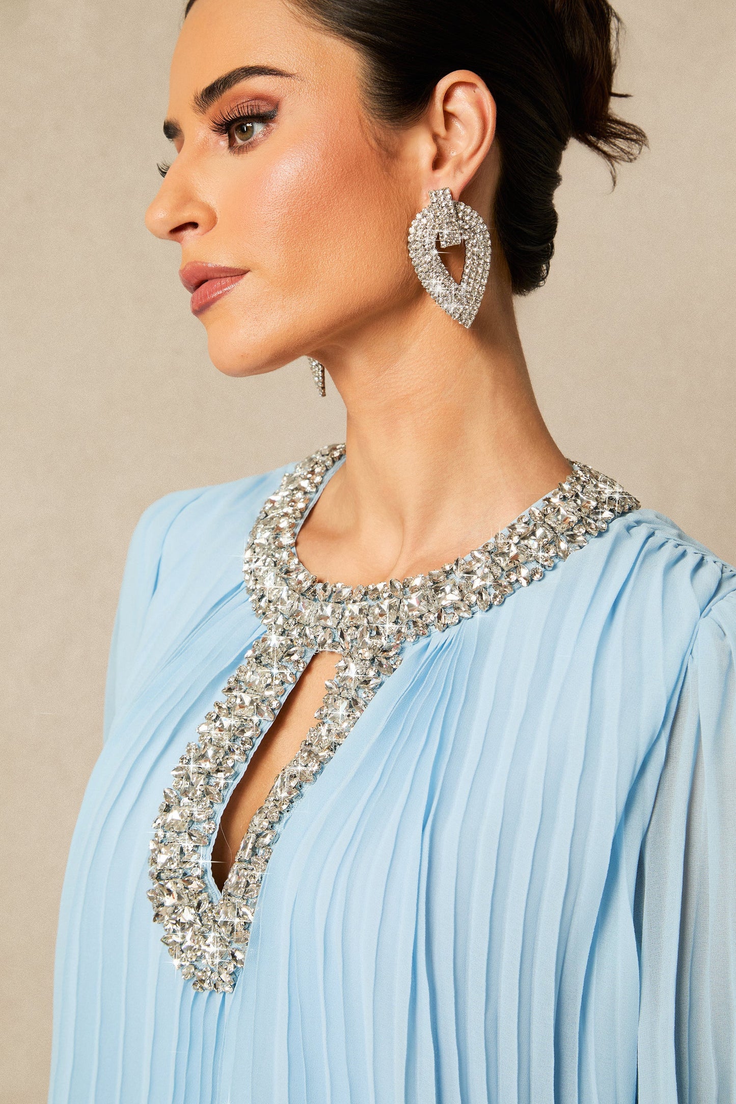 Joy Diamante Feathered Pleated Maxi Chiffon Dress
