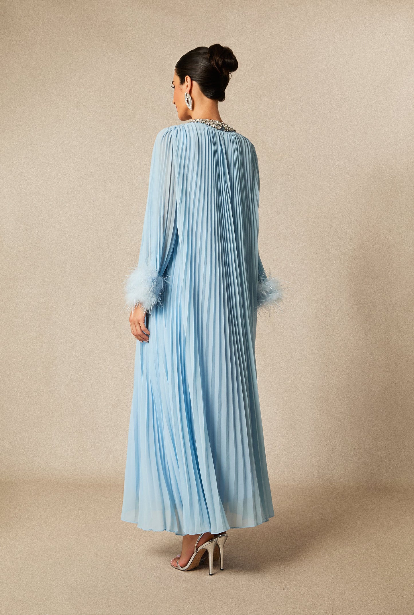 Joy Diamante Feathered Pleated Maxi Chiffon Dress
