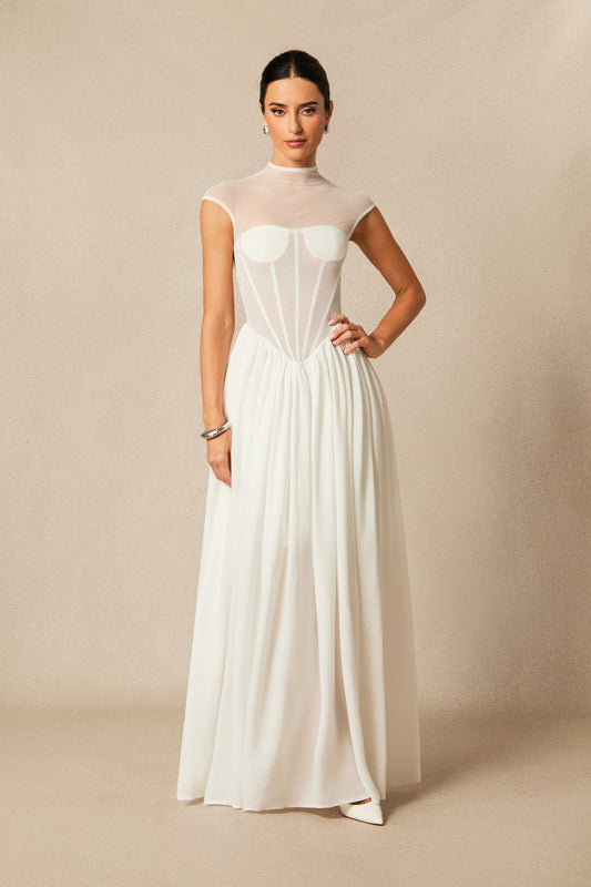 Drew Elegant Cap Sleeve Corset Maxi Dress