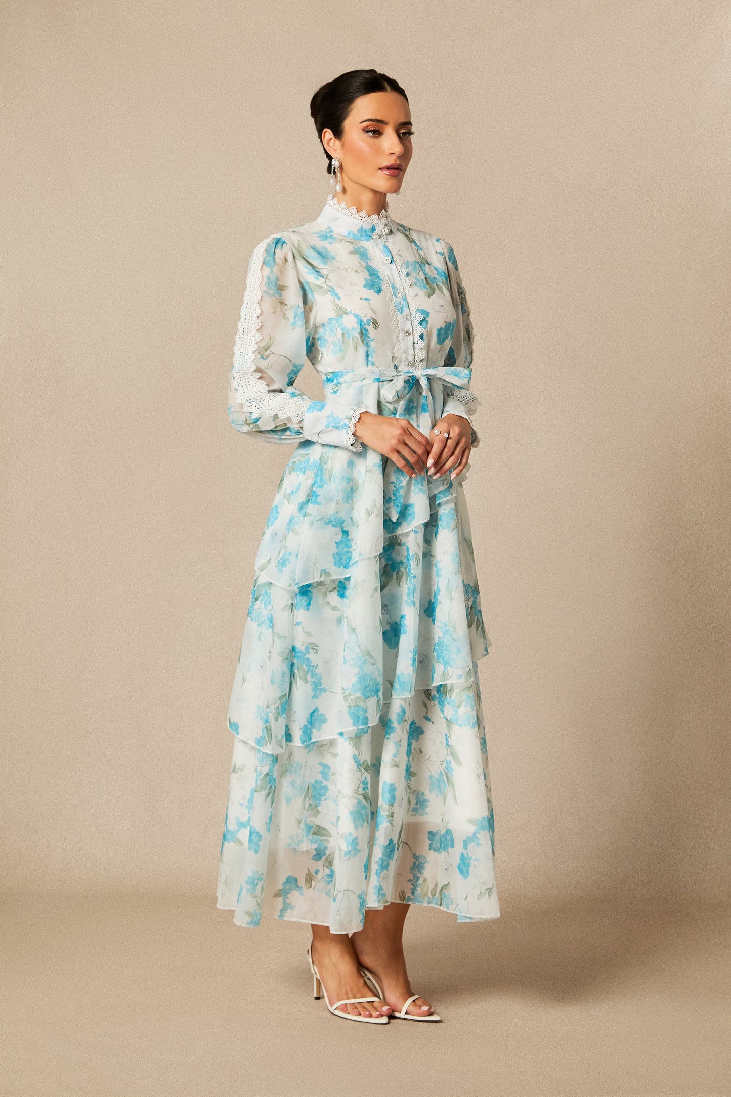 Rhea Lovely Floral Print Lace Trim Chiffon Maxi Dress