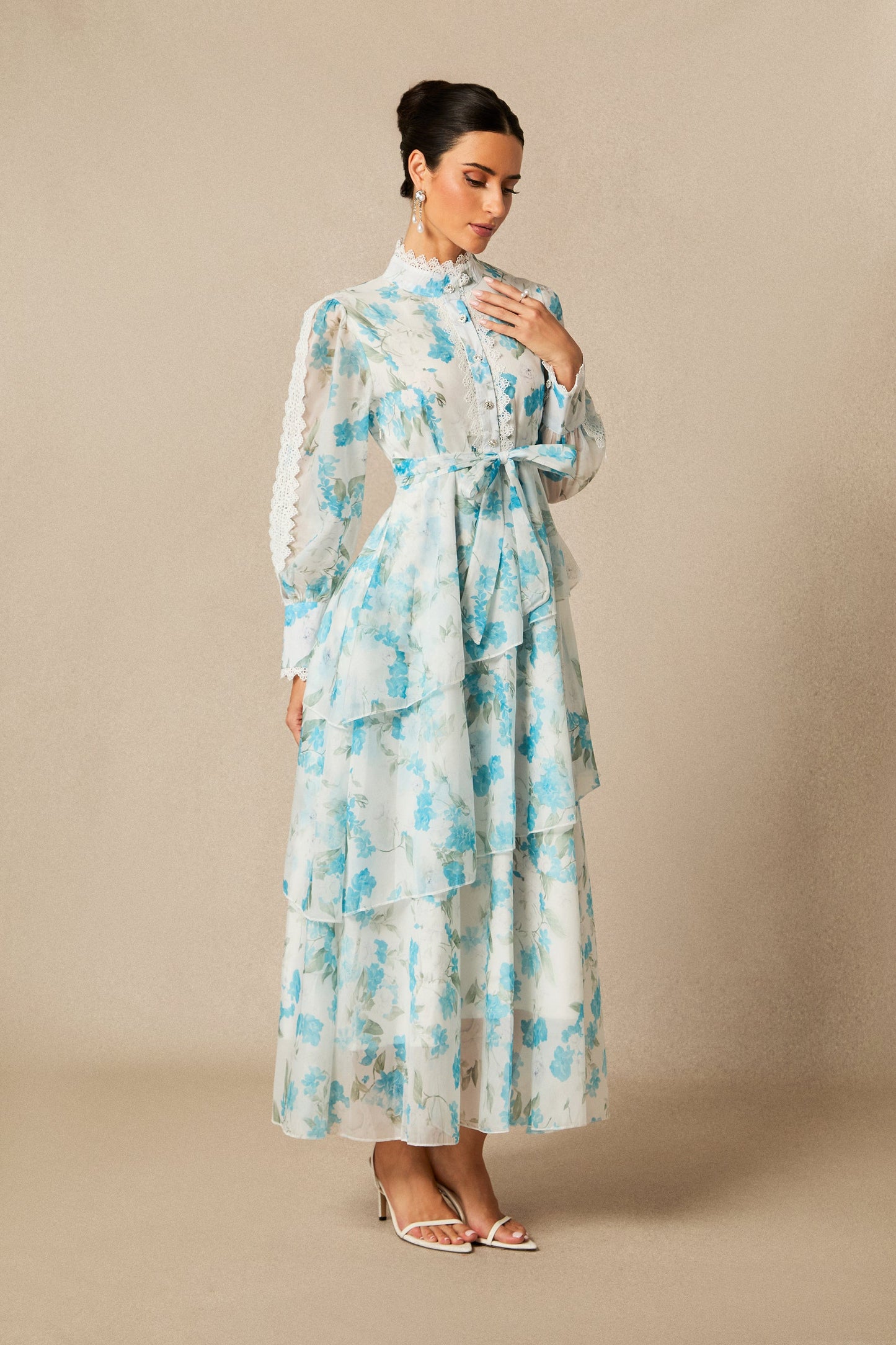 Rhea Lovely Floral Print Lace Trim Chiffon Maxi Dress