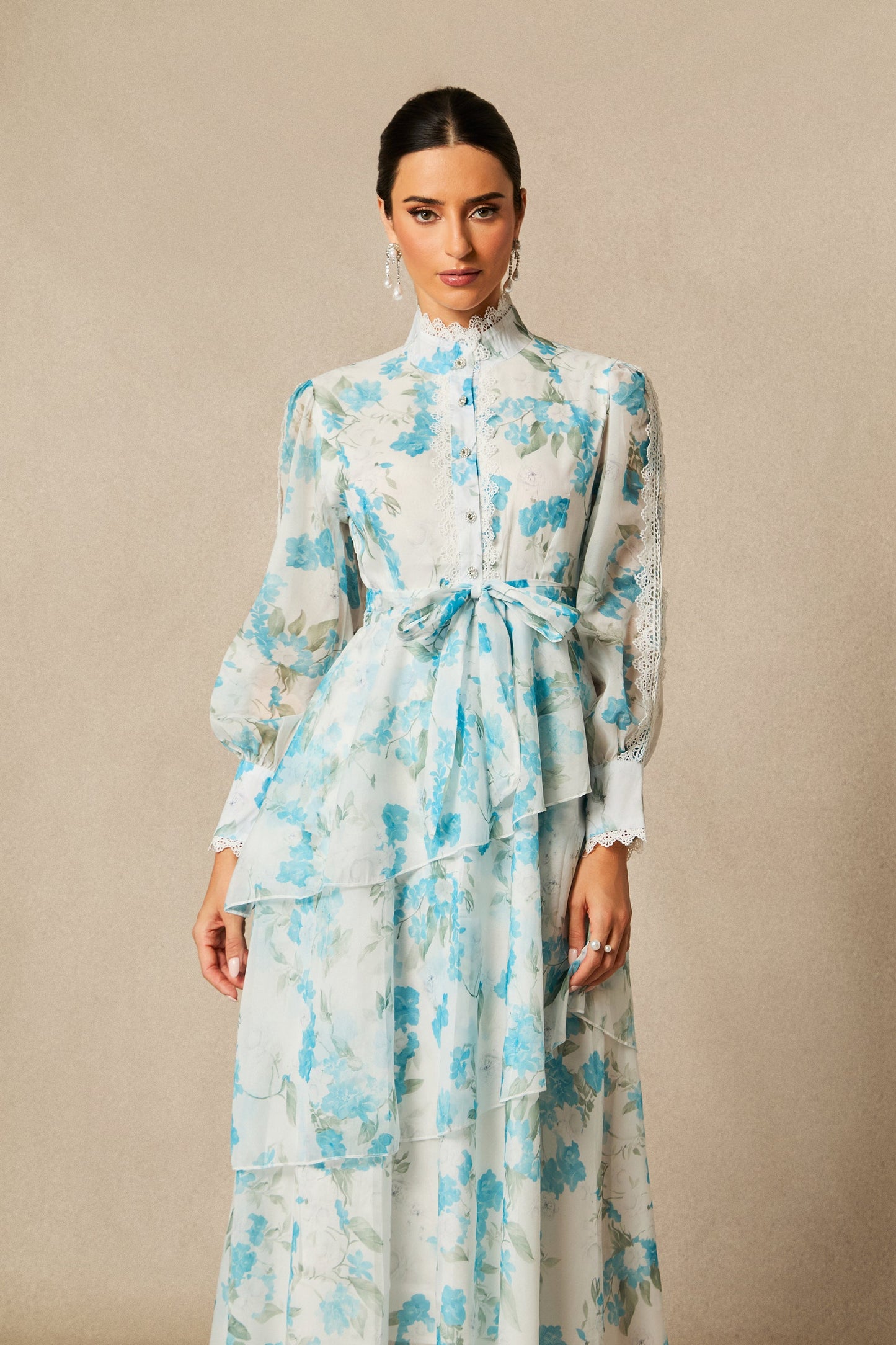 Rhea Lovely Floral Print Lace Trim Chiffon Maxi Dress