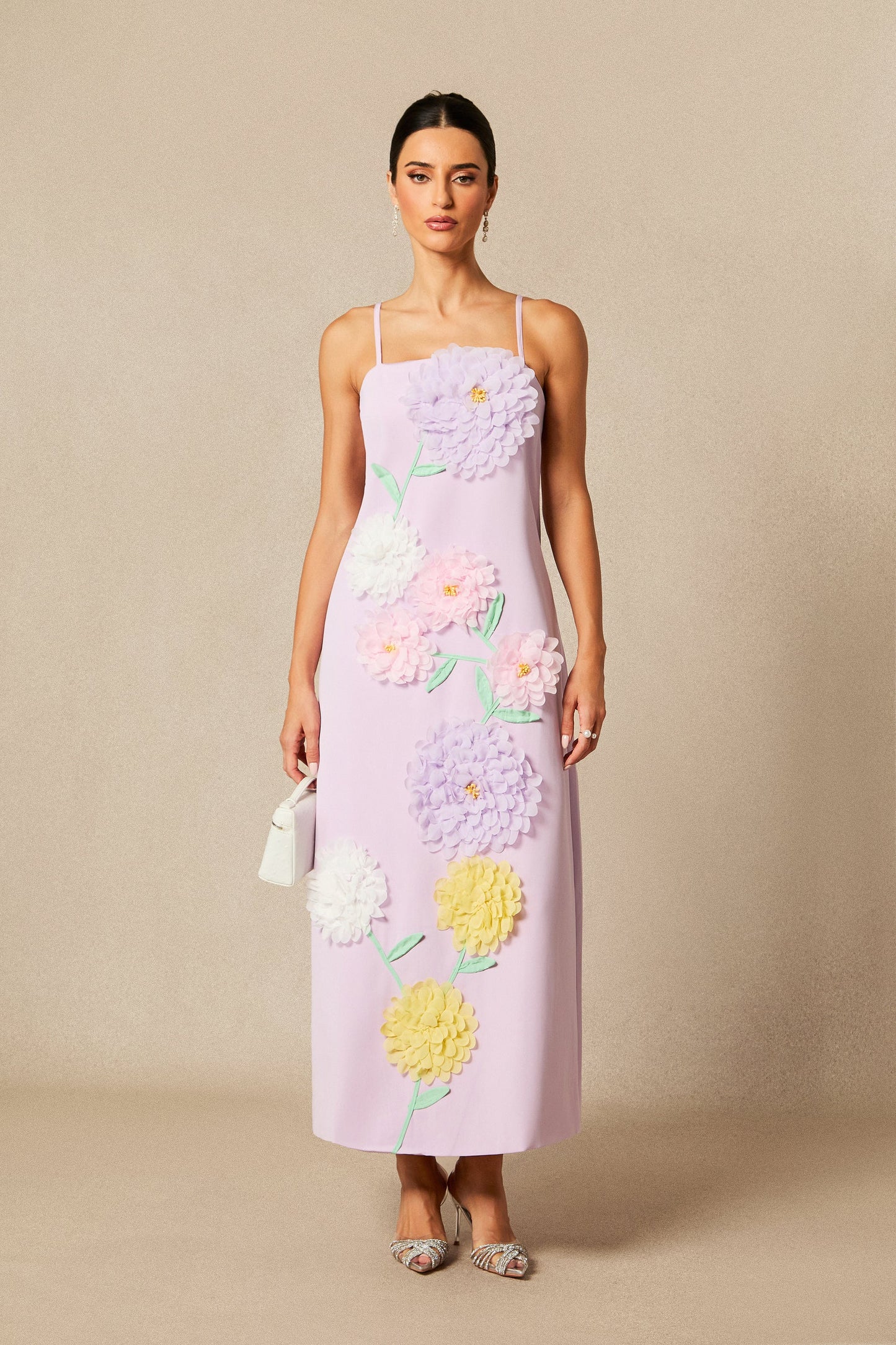 Rose Elegant Floral Applique Spaghetti Straps Maxi Dress