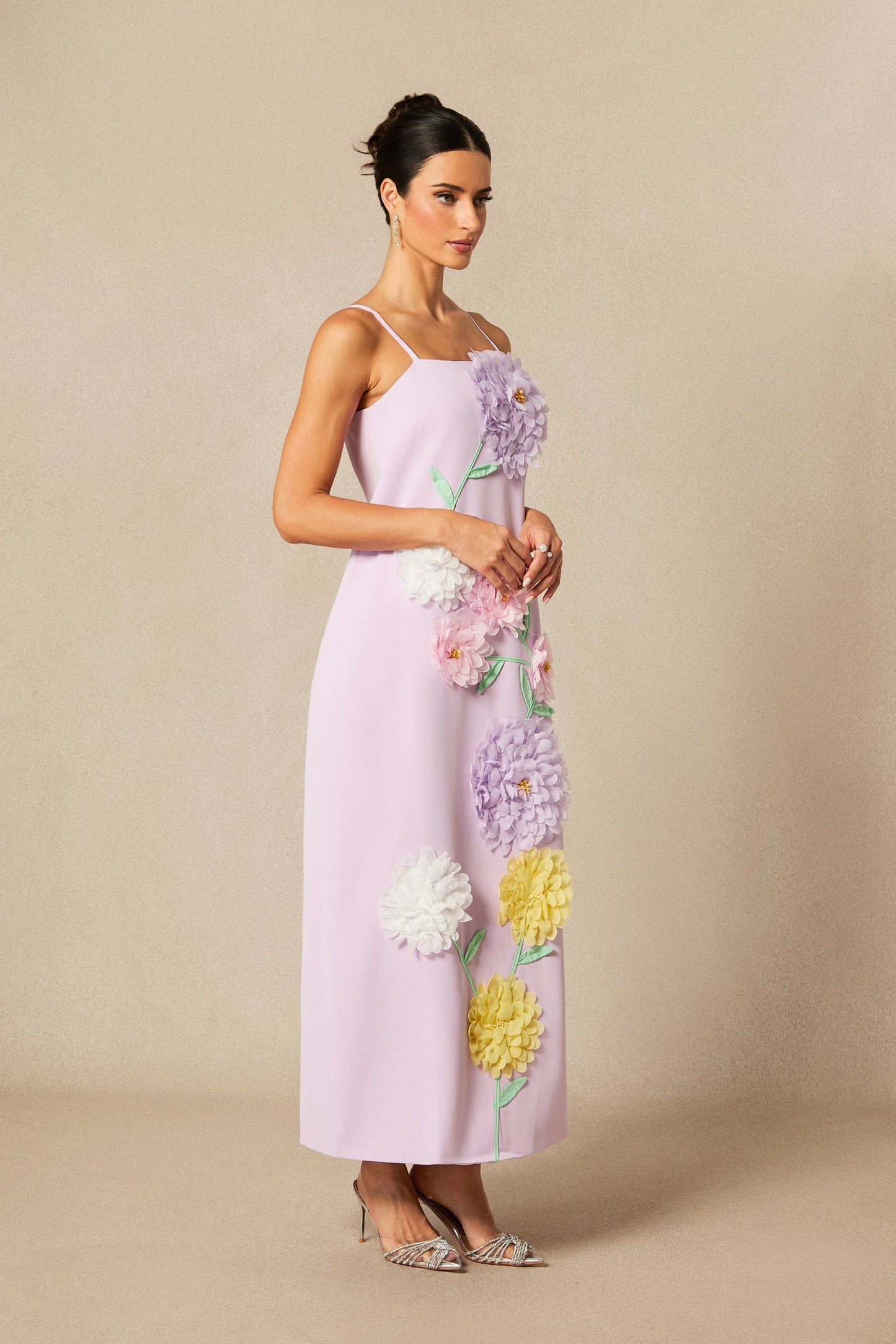 Rose Elegant Floral Applique Spaghetti Straps Maxi Dress