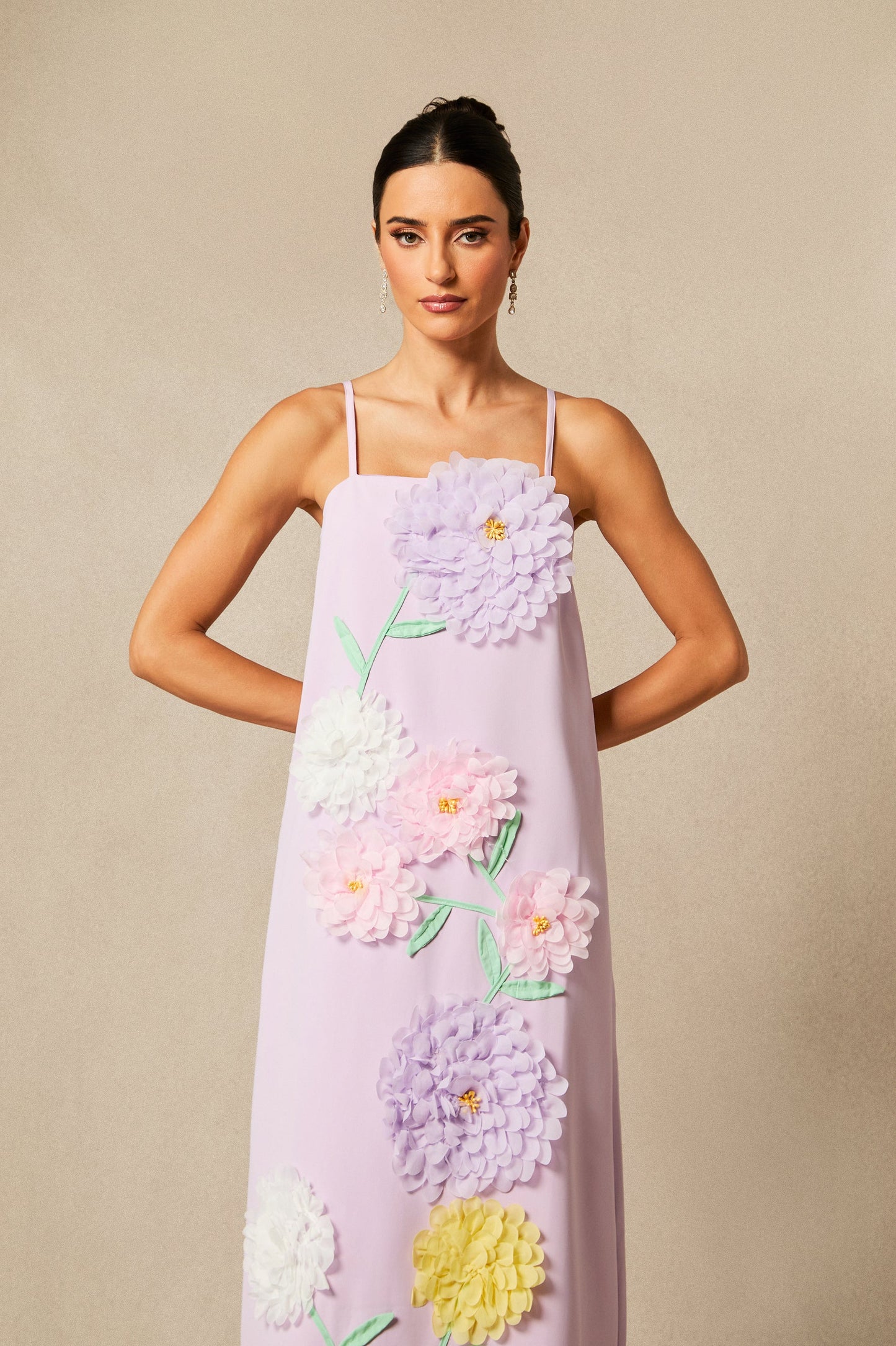 Rose Elegant Floral Applique Spaghetti Straps Maxi Dress