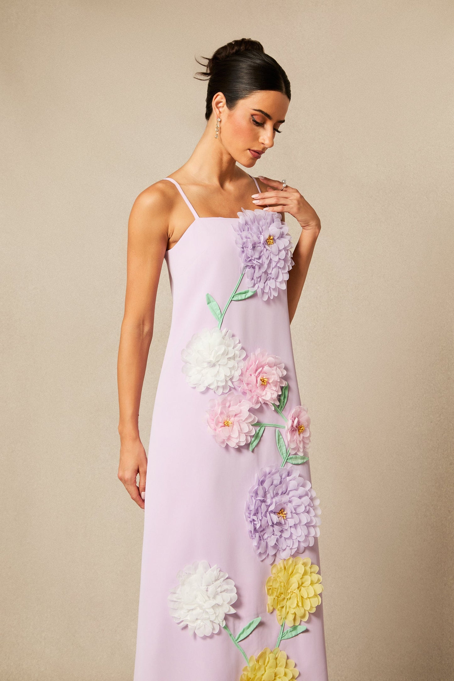 Rose Elegant Floral Applique Spaghetti Straps Maxi Dress