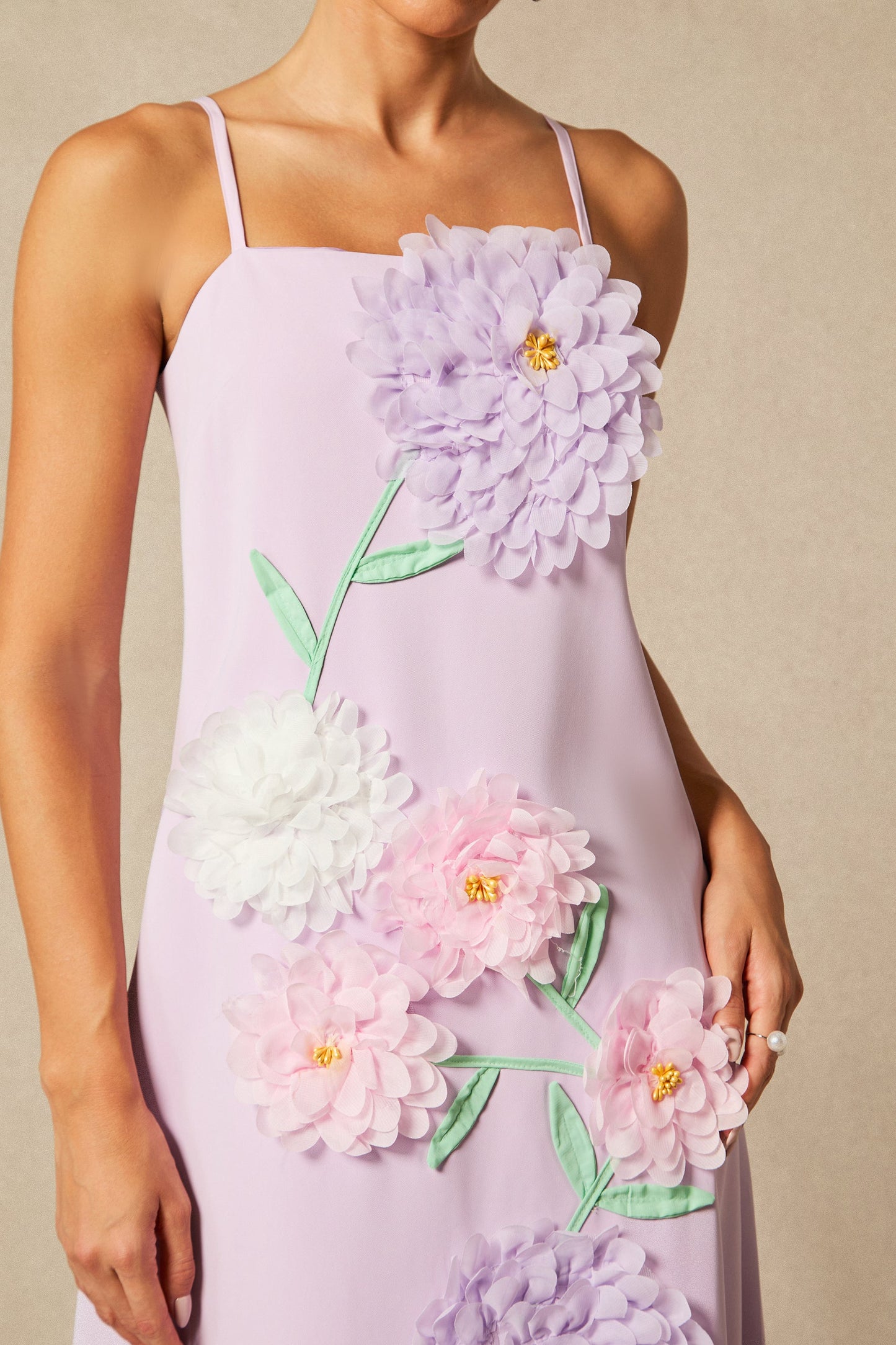 Rose Elegant Floral Applique Spaghetti Straps Maxi Dress