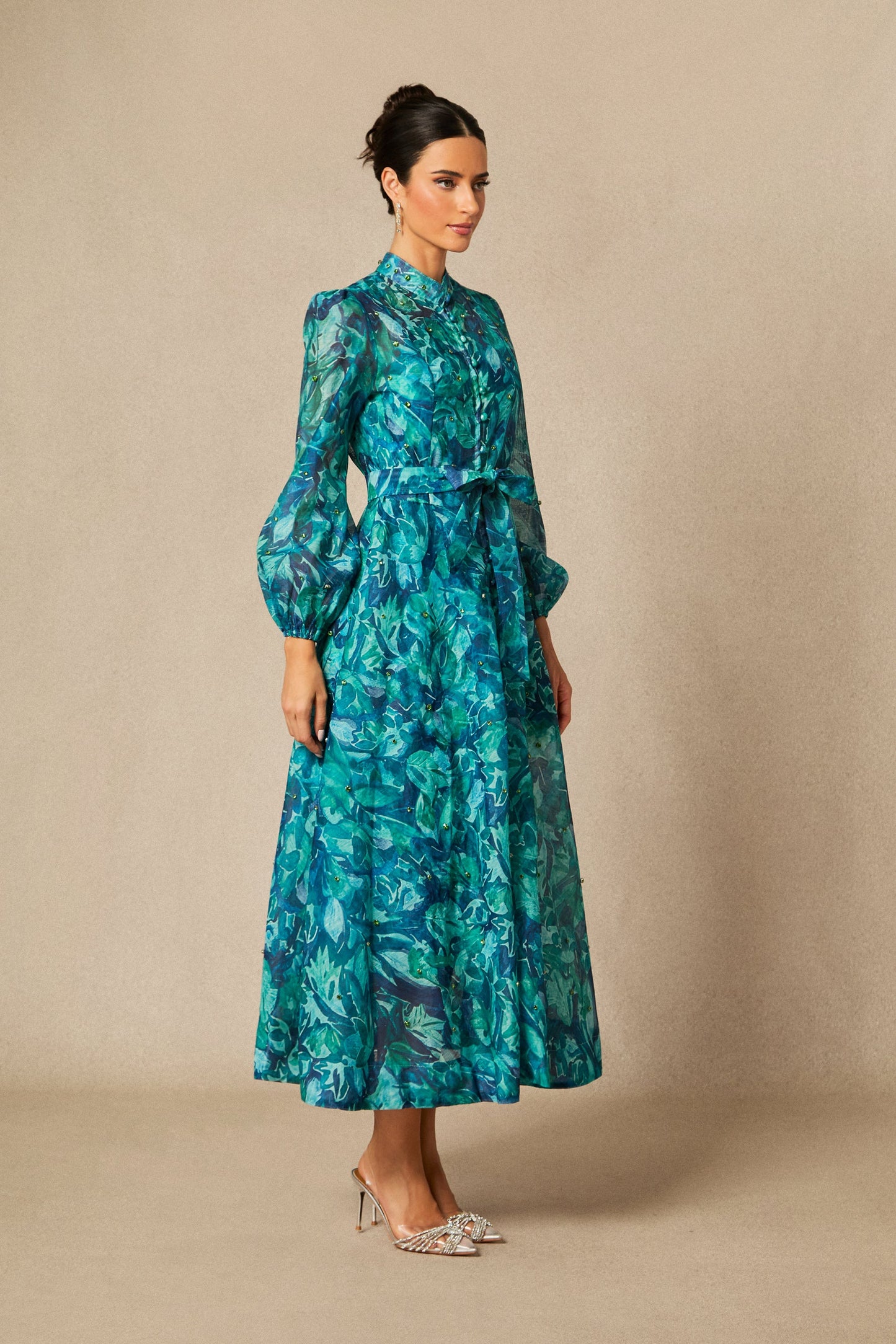 Maya Lovely Floral Print Embellished Midi Dress