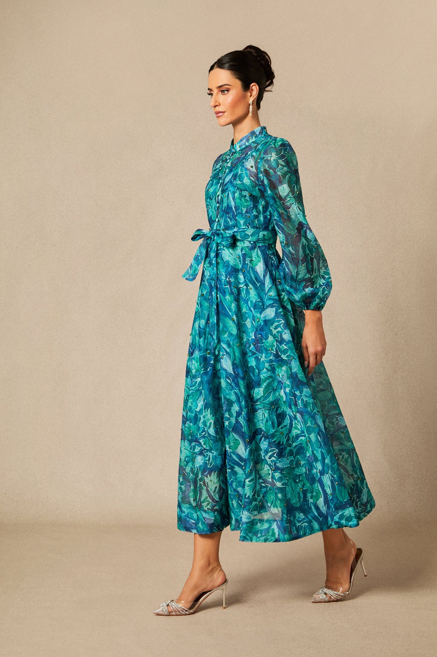 Maya Lovely Floral Print Embellished Midi Dress