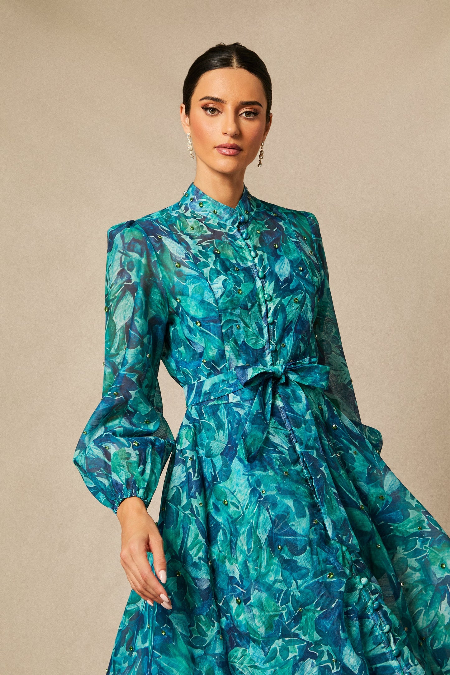 Maya Lovely Floral Print Embellished Midi Dress