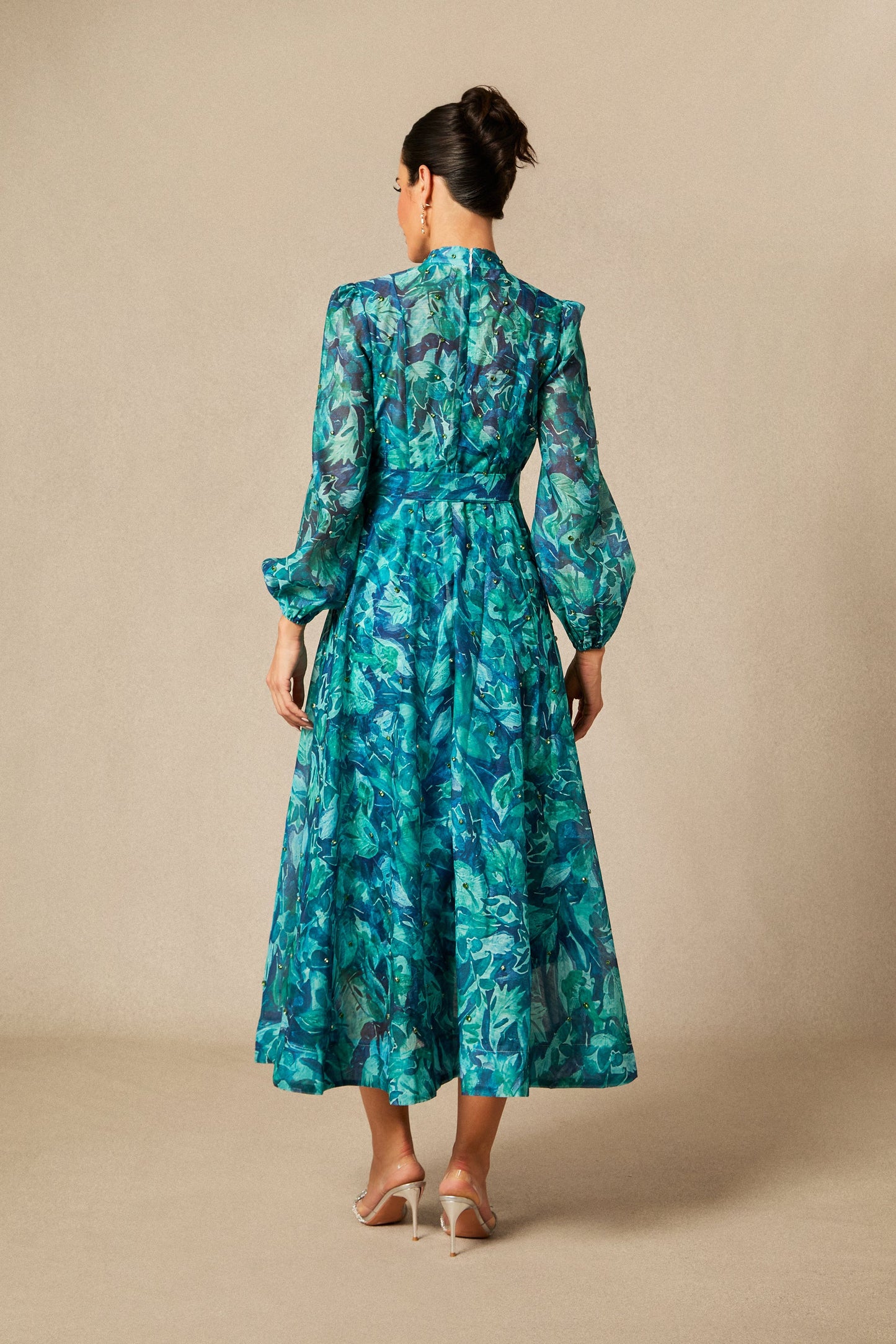 Maya Lovely Floral Print Embellished Midi Dress