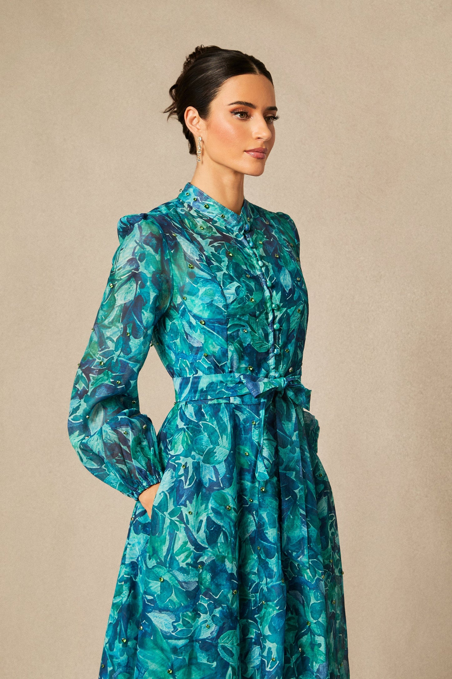 Maya Lovely Floral Print Embellished Midi Dress