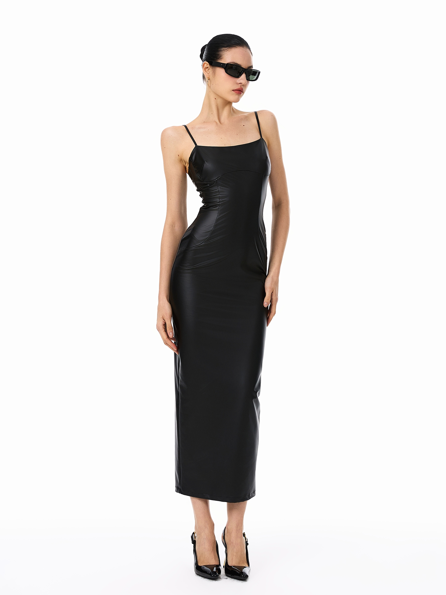 Polyester Dress - Fitted PU Leather with Elastic