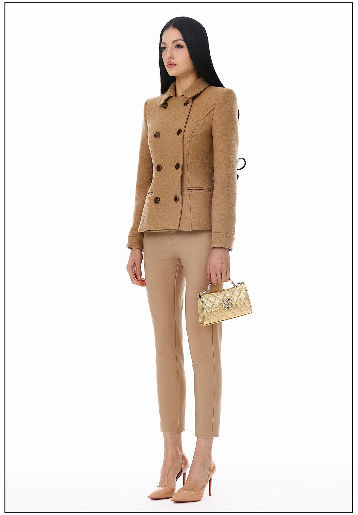 Wool Blend Coat - Elegant Camel Double-Breasted Design