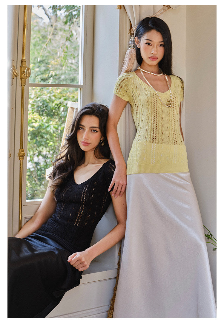Knitted V-Neck Top - Elegant Cable Knit Design
