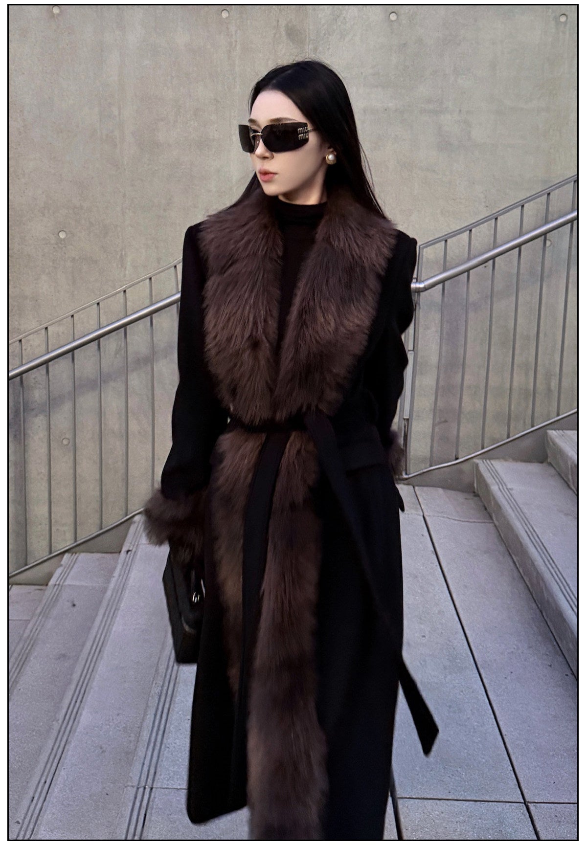 Wool Blend Long Coat with Faux Fur Collar