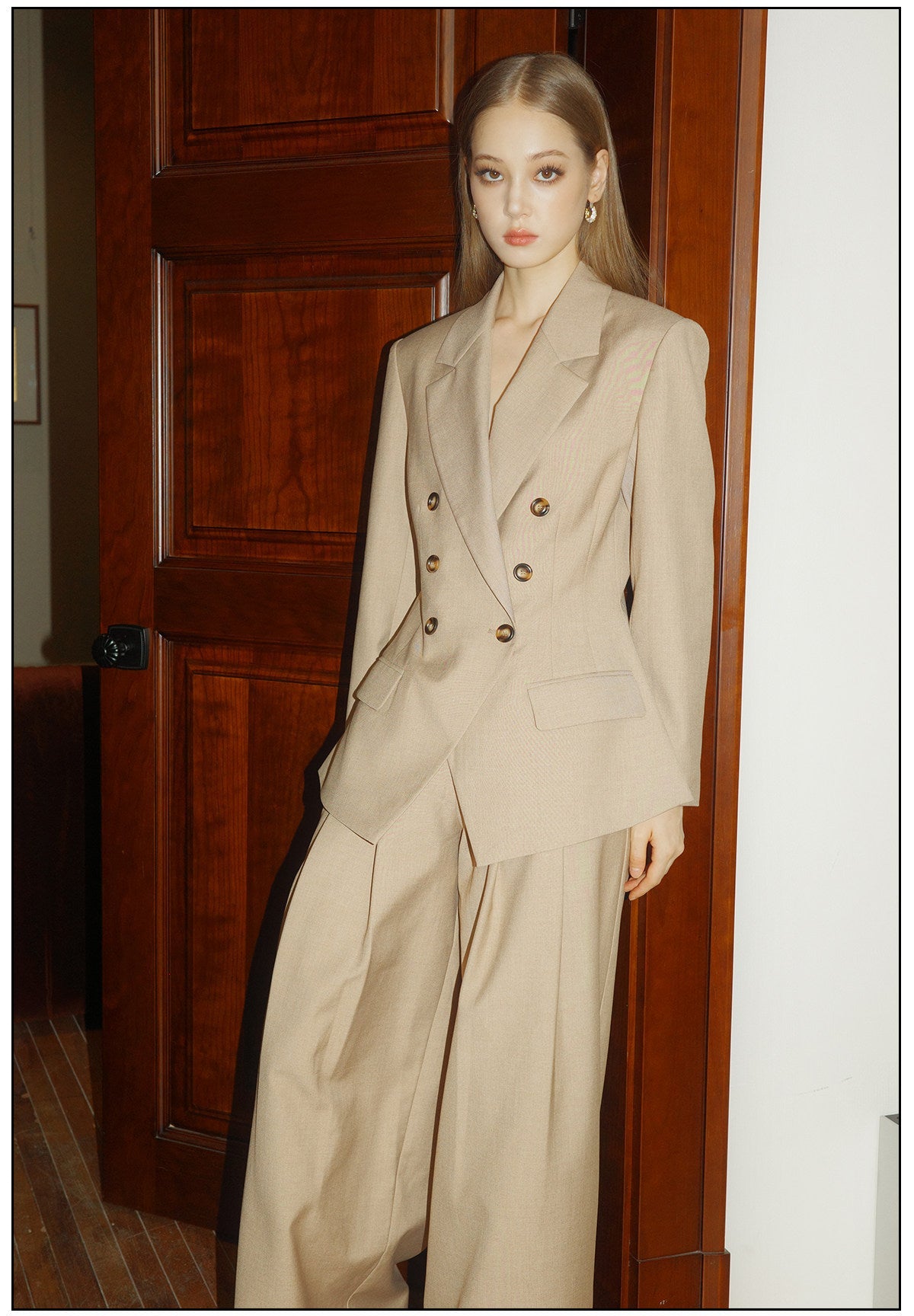 Khaki Viscose Set - Classic Shoulder-Padded Coat and Tailored Pants
