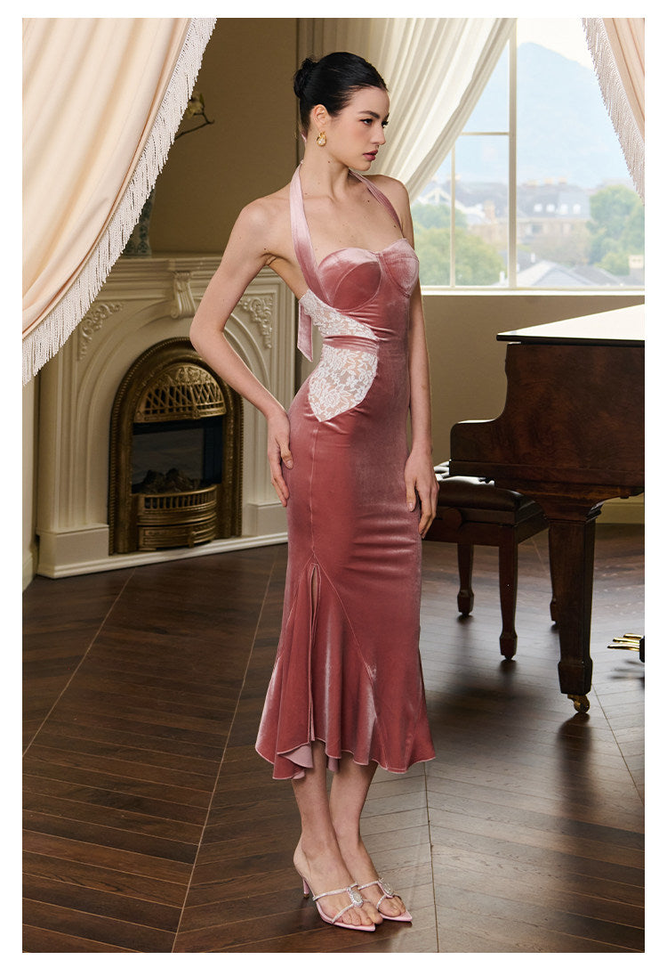 Velvet Lace Dress - Elegant Halter Neck
