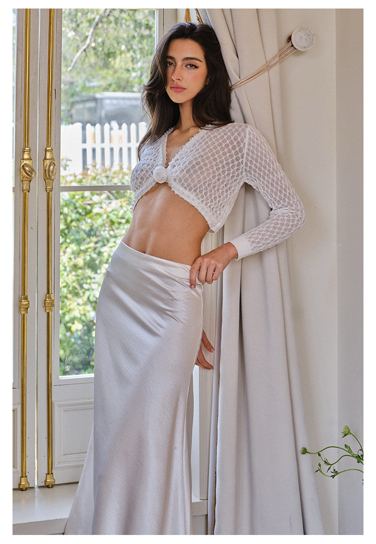 Lace Knit Top and Skirt Set with Brooch