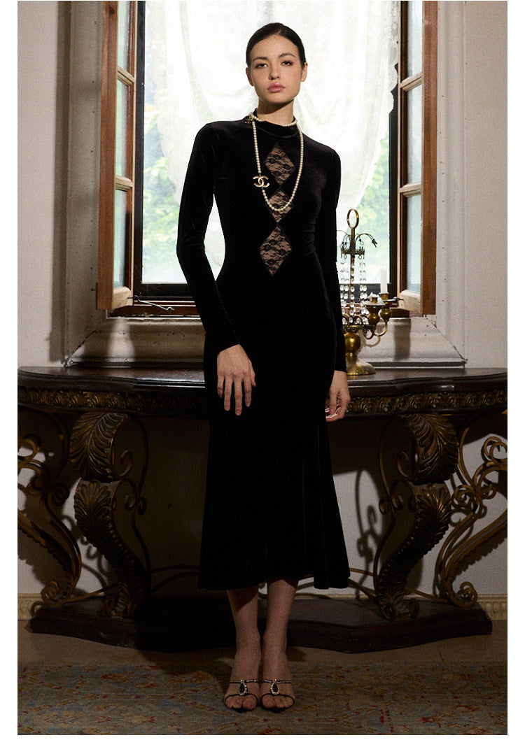 Velvet Dress with Lace Overlay - Elegant Long Dress
