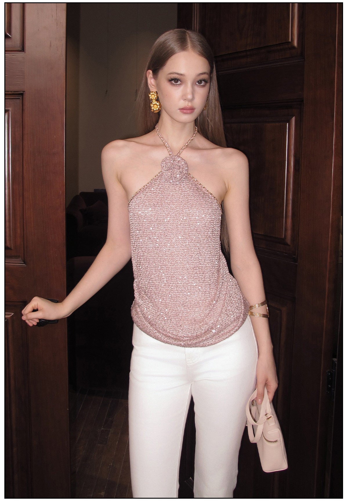 Viscose Halter Neck Top with Rose Embellishments