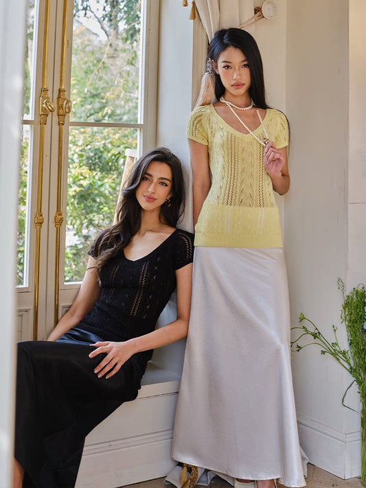 Knitted V-Neck Top - Elegant Cable Knit Design