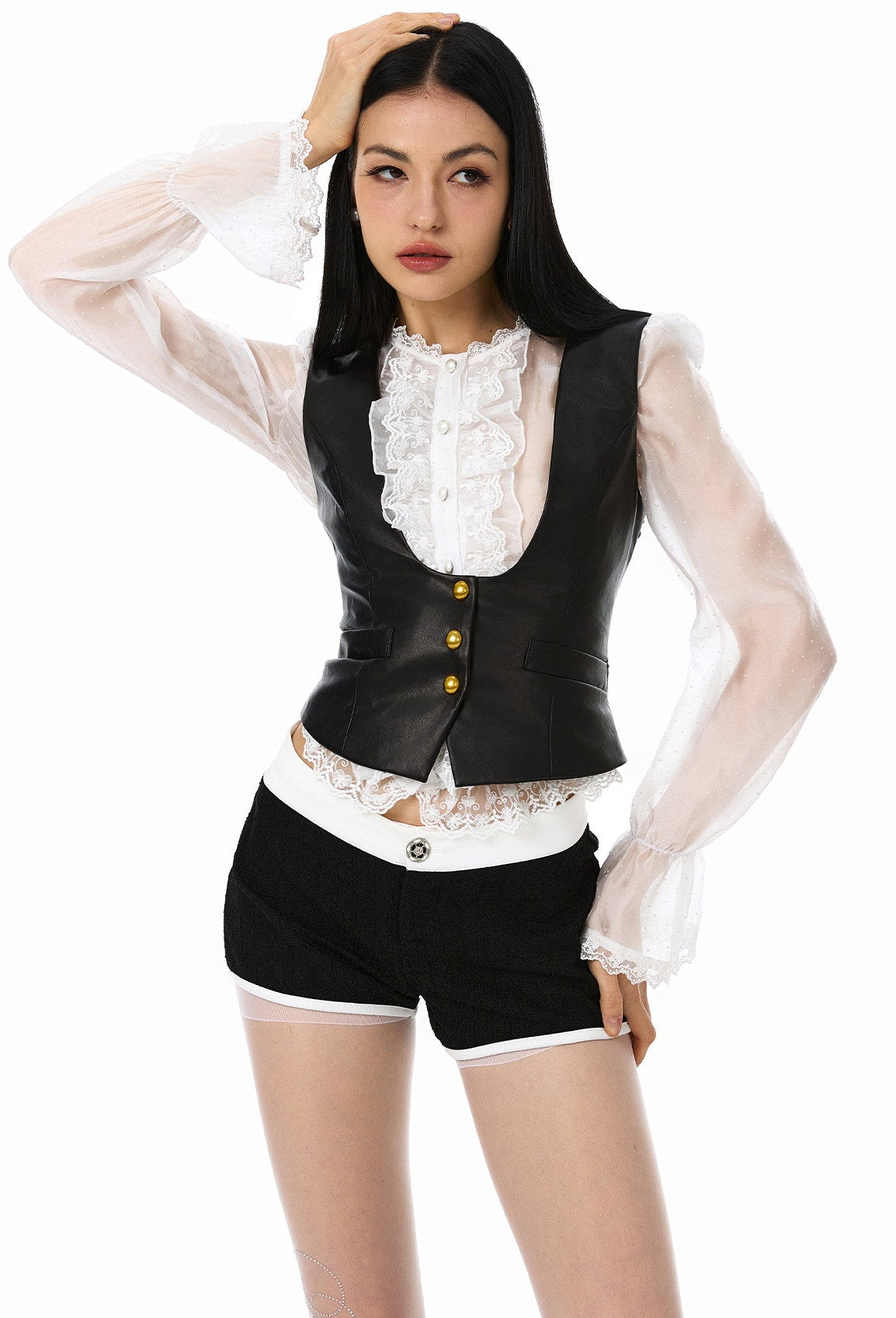 PU Leather 3-Piece Set - Sheer Shirt, Vest, and Shorts