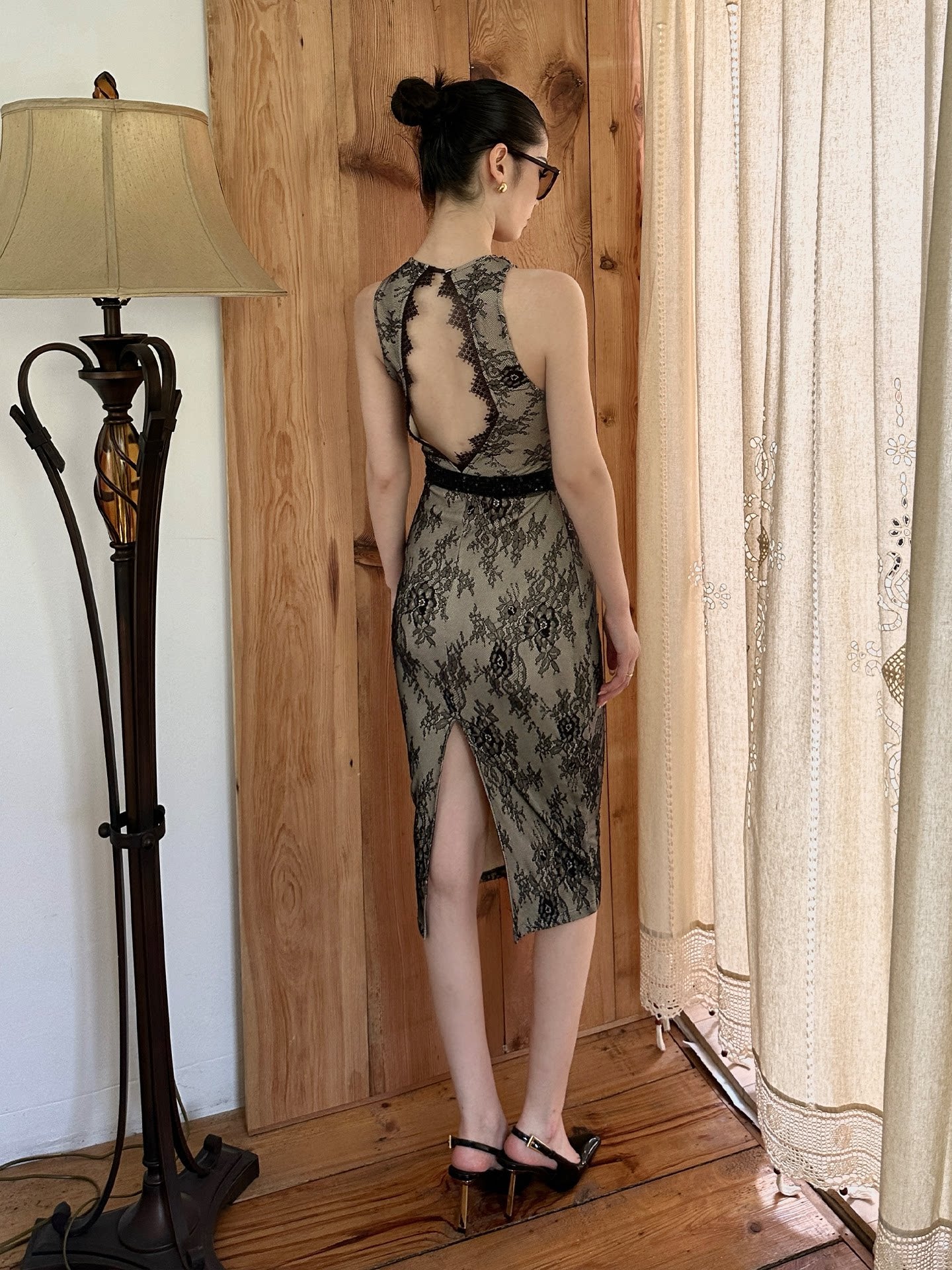 Lace Embroidered Black Dress - Elegant Mid-Length Design