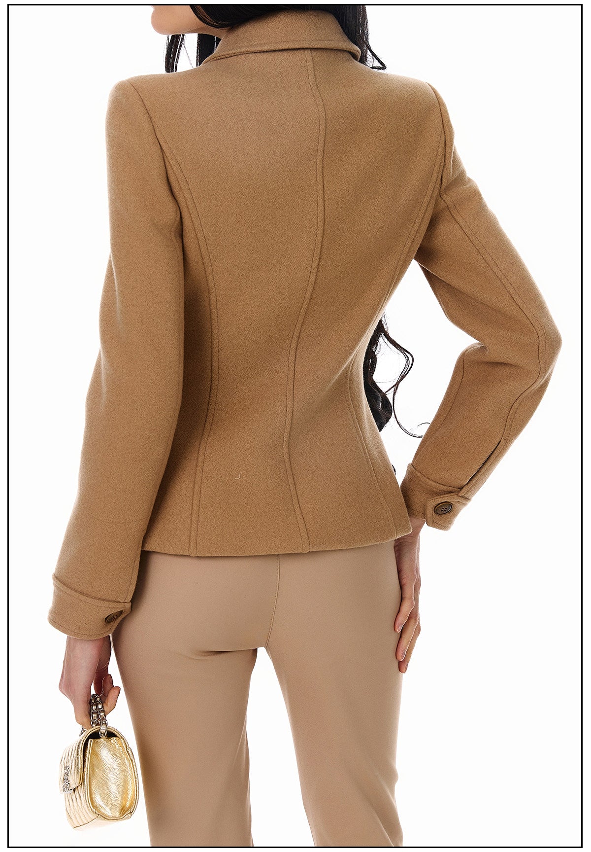 Wool Blend Coat - Elegant Camel Double-Breasted Design