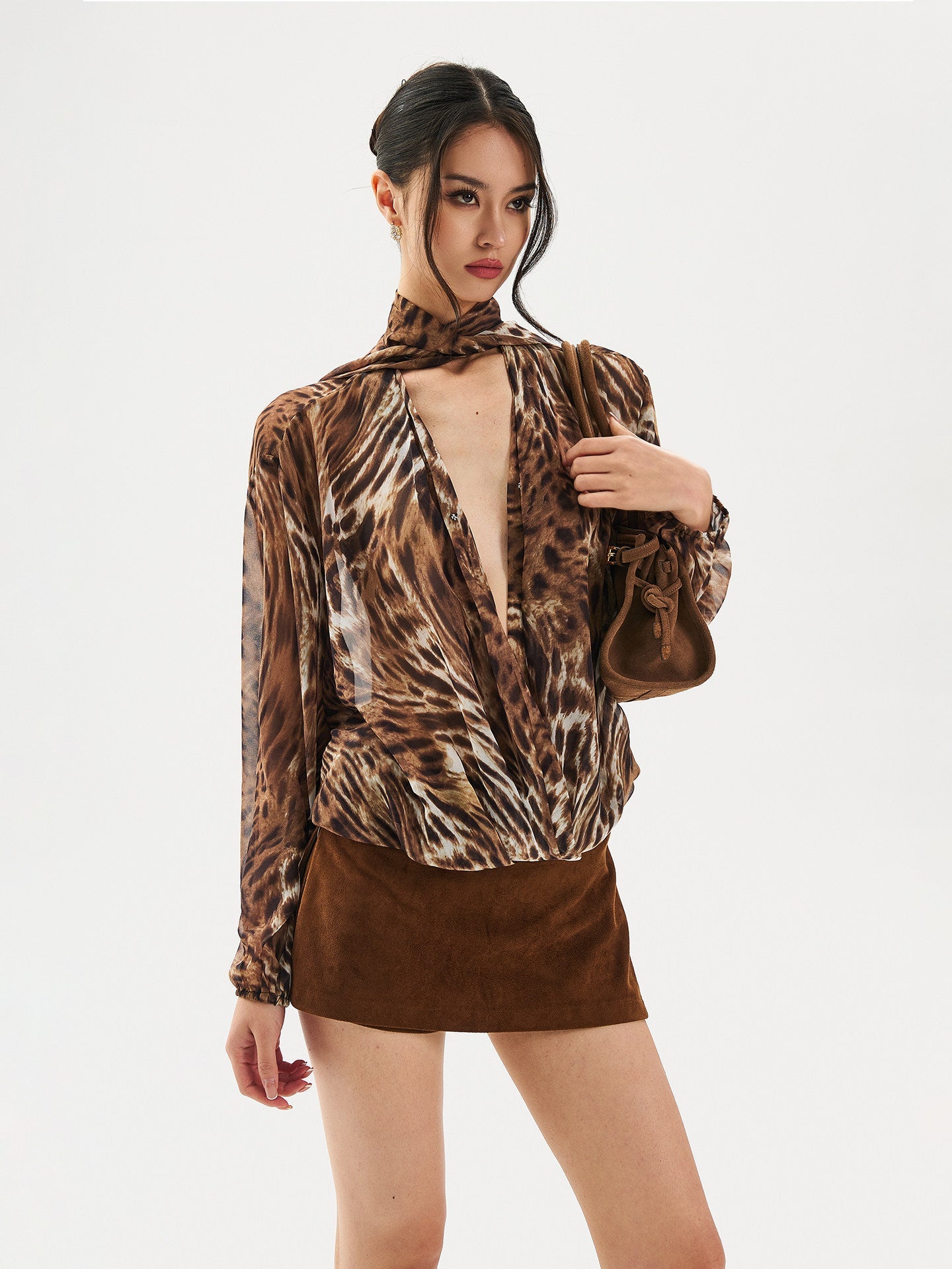 Chiffon Blouse - Leopard Print V-Neck Design