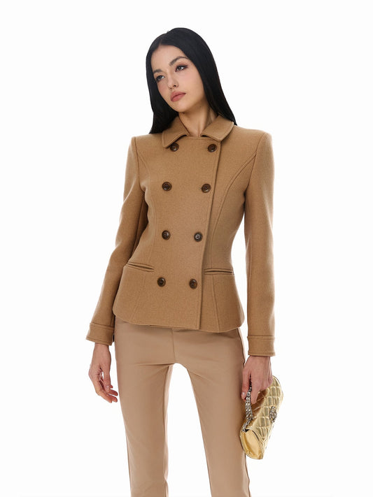 Wool Blend Coat - Elegant Camel Double-Breasted Design