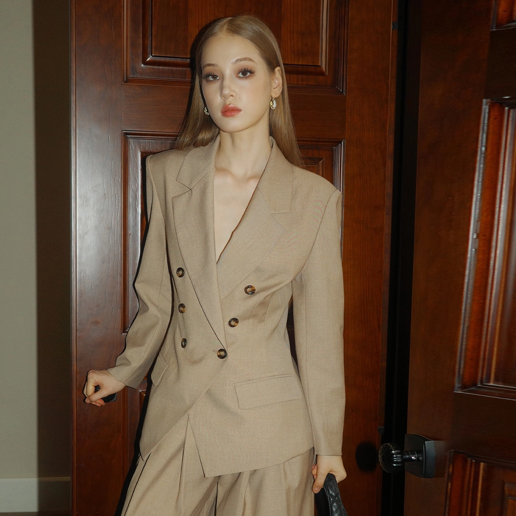 Khaki Viscose Set - Classic Shoulder-Padded Coat and Tailored Pants