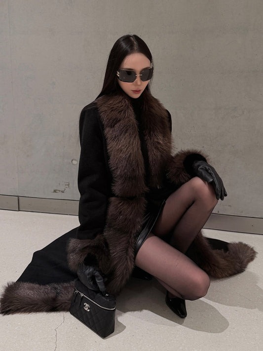 Wool Blend Long Coat with Faux Fur Collar