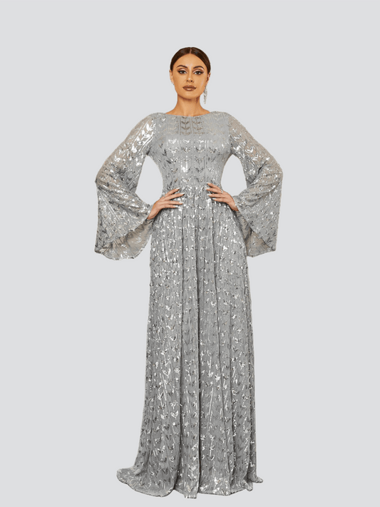 Bell Sleeve Backless Sequin Evening Dress RM20603