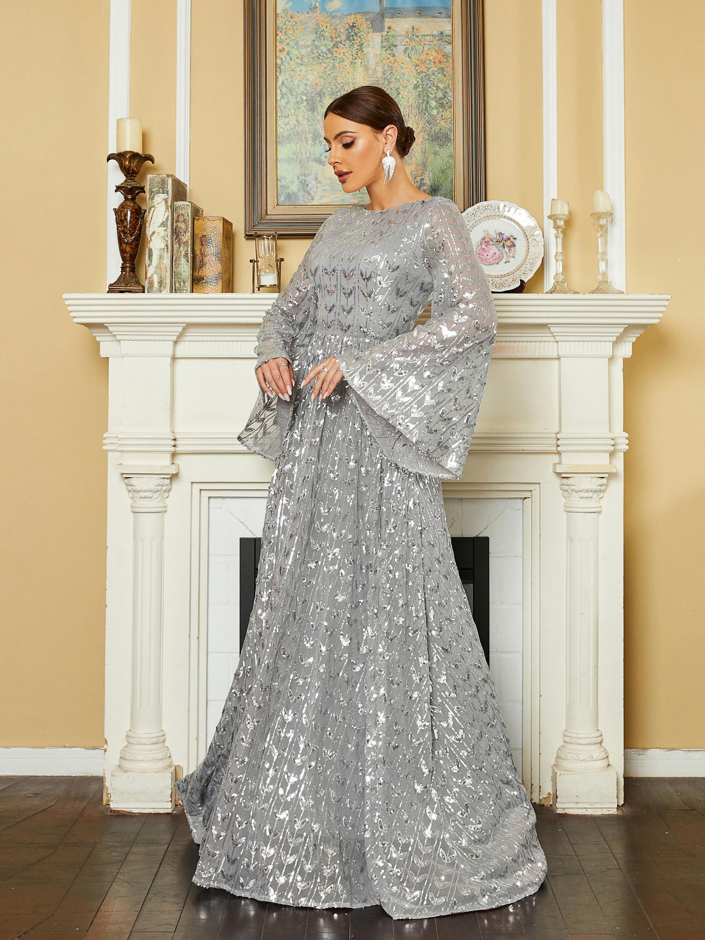 Bell Sleeve Backless Sequin Evening Dress RM20603