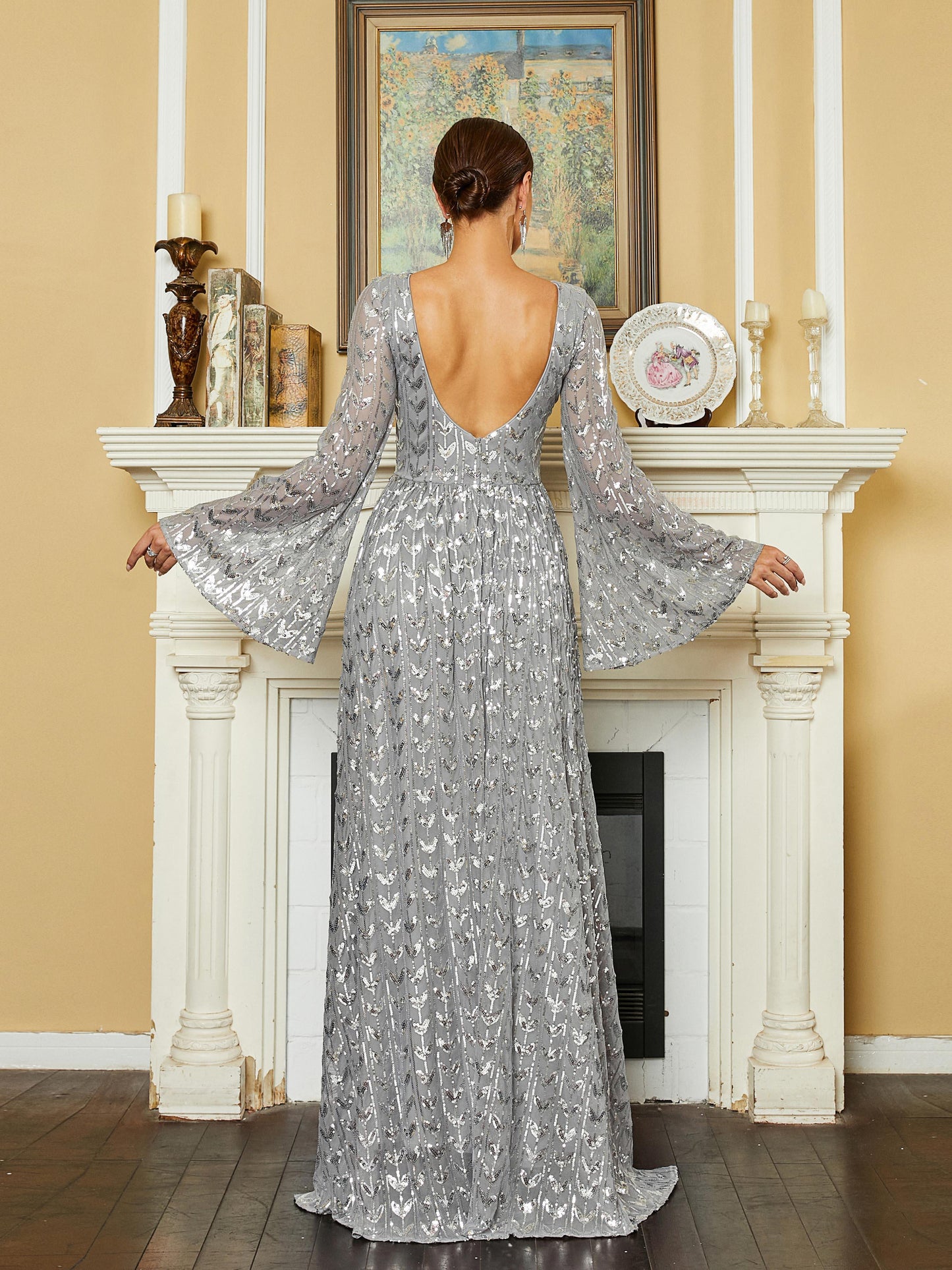 Bell Sleeve Backless Sequin Evening Dress RM20603