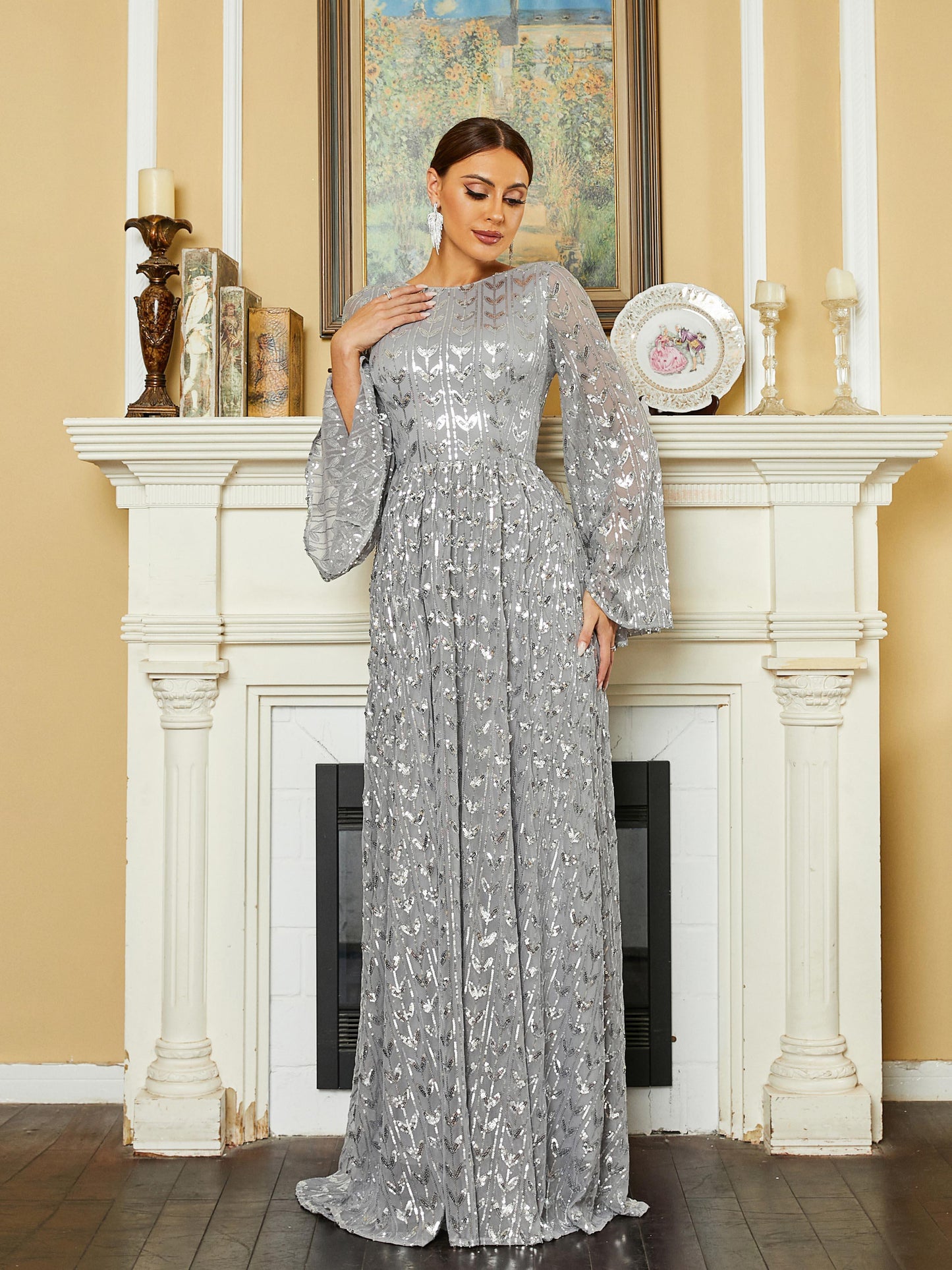Bell Sleeve Backless Sequin Evening Dress RM20603