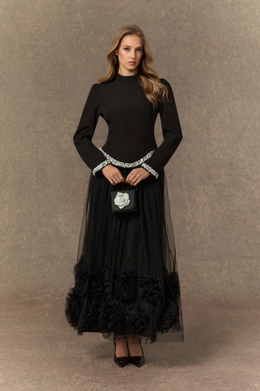 Black Crystal-Embellished Top & 3D Flower Skirt Set