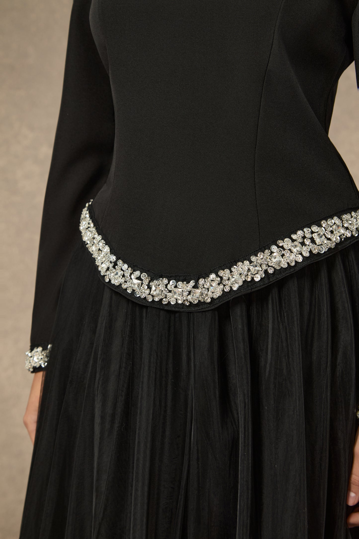 Black Crystal-Embellished Top & 3D Flower Skirt Set