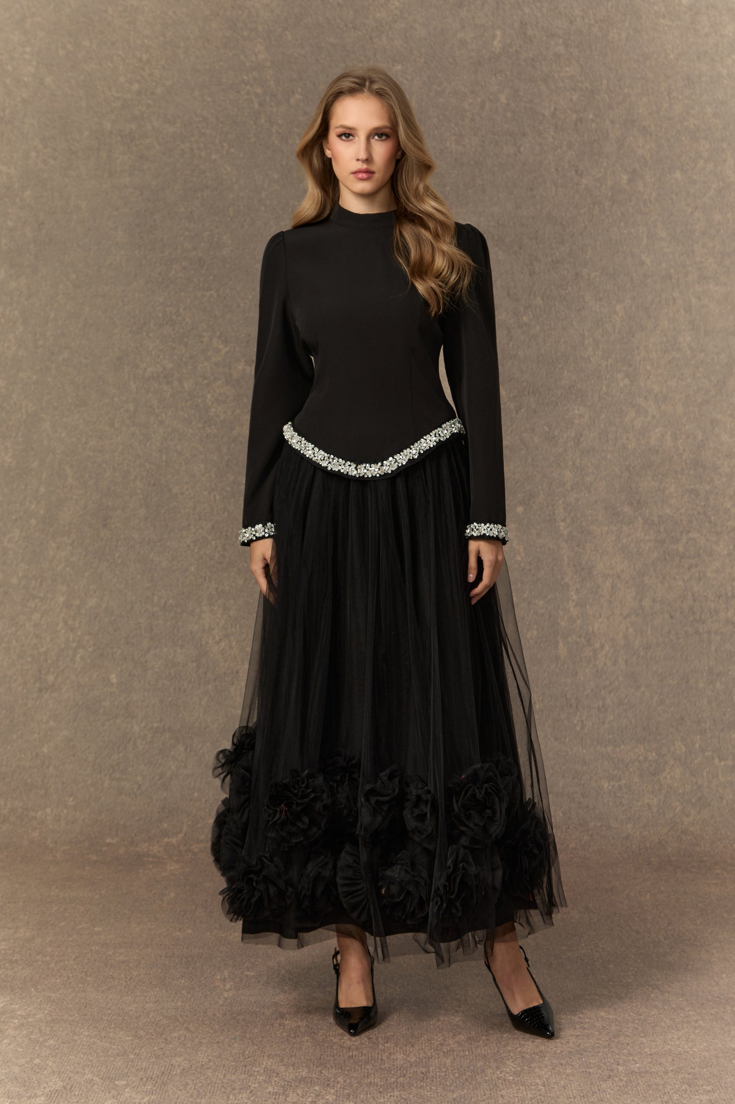 Black Crystal-Embellished Top & 3D Flower Skirt Set