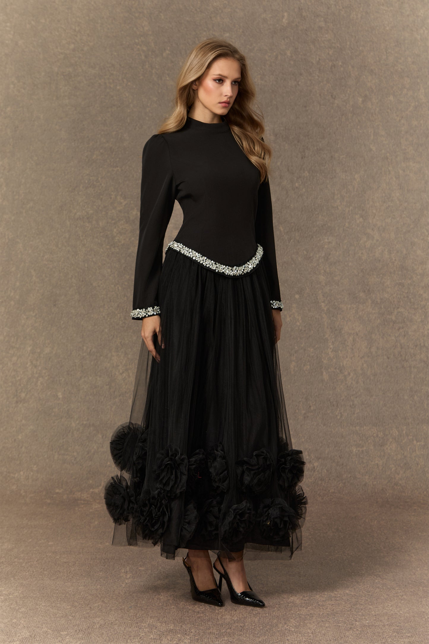 Black Crystal-Embellished Top & 3D Flower Skirt Set