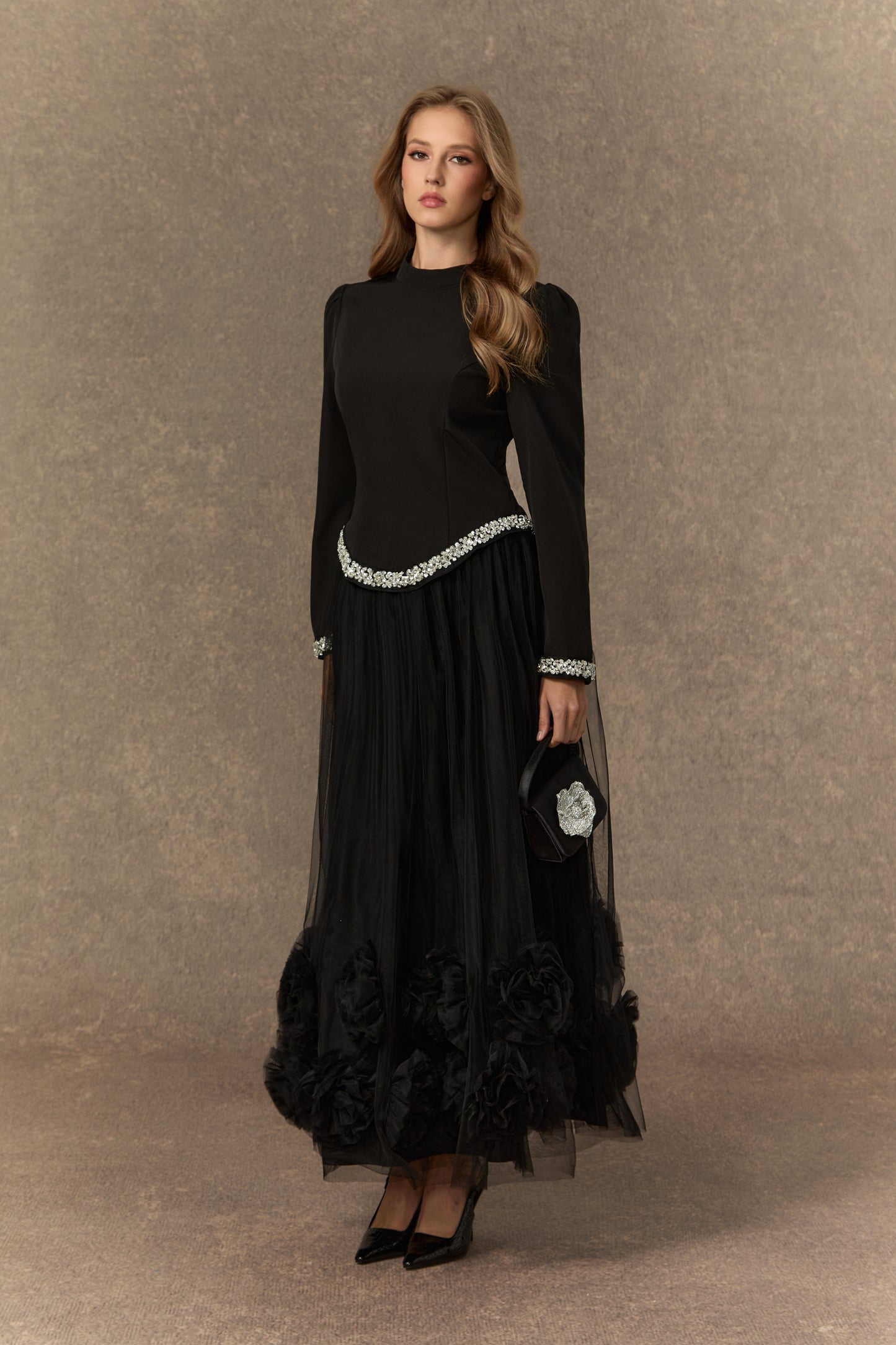 Black Crystal-Embellished Top & 3D Flower Skirt Set