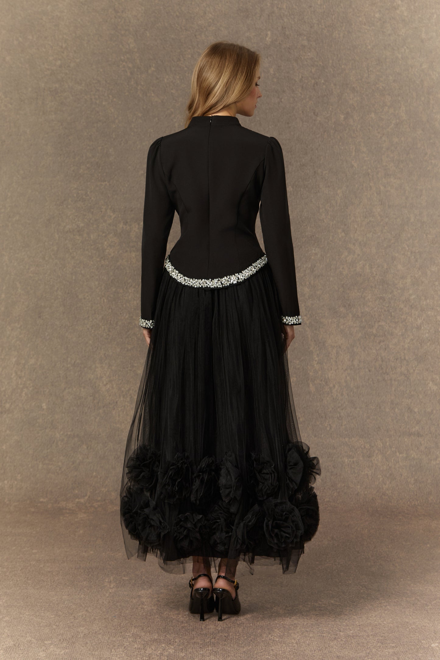 Black Crystal-Embellished Top & 3D Flower Skirt Set