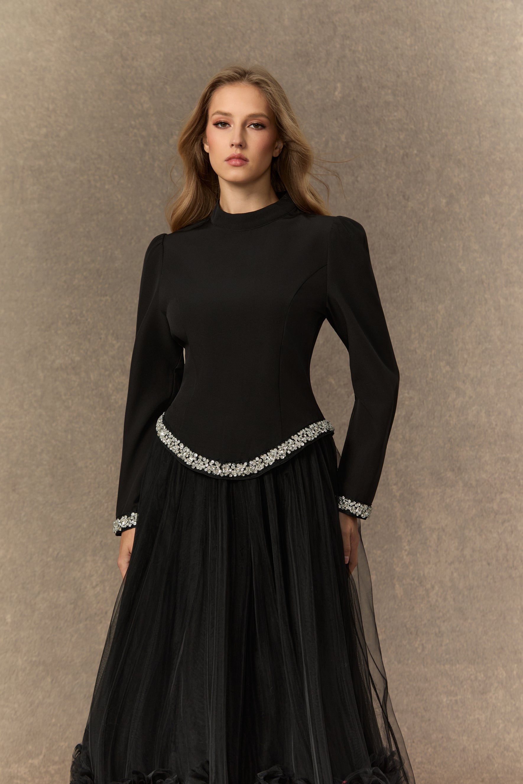 Black Crystal-Embellished Top & 3D Flower Skirt Set