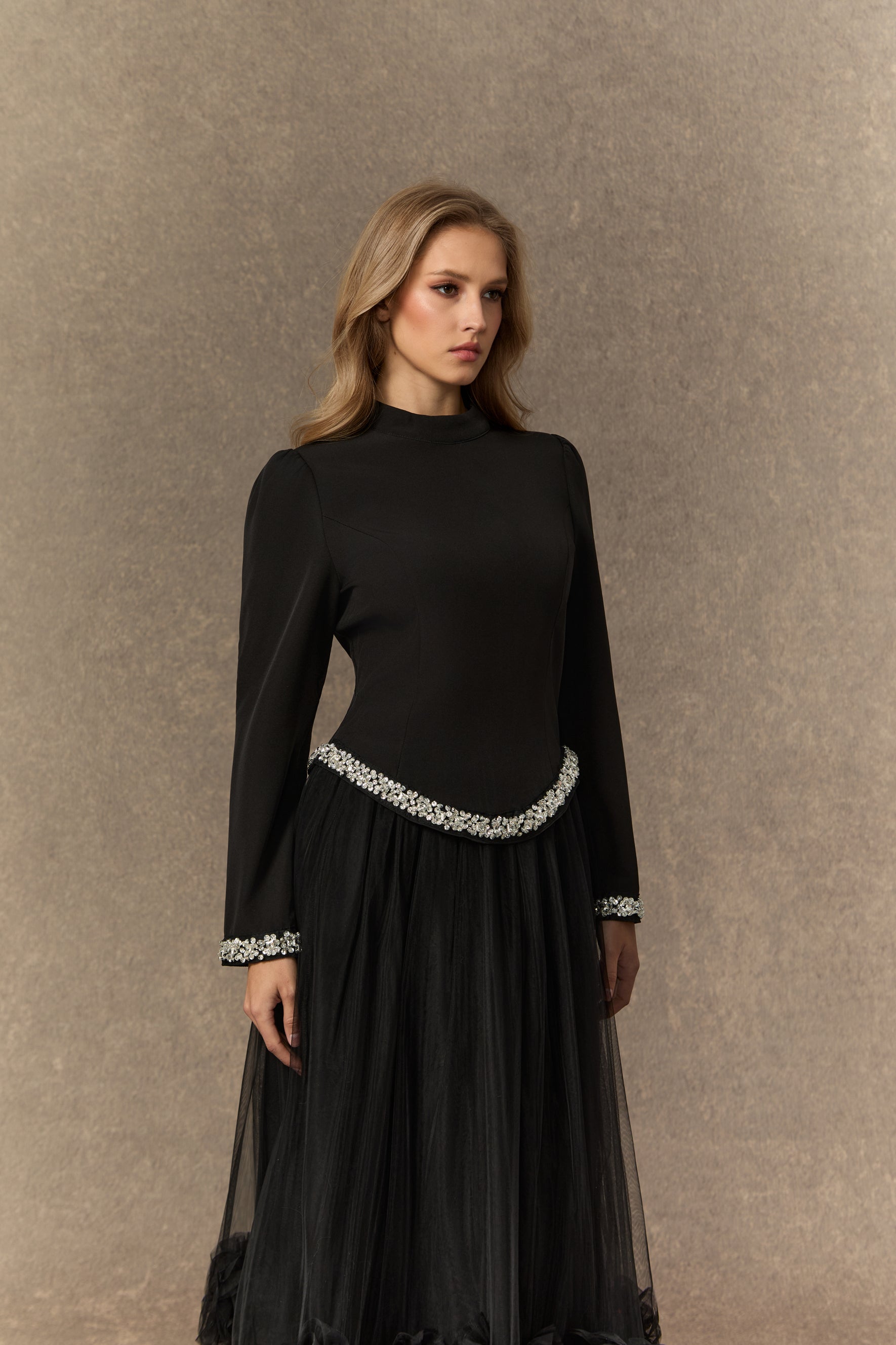 Black Crystal-Embellished Top & 3D Flower Skirt Set