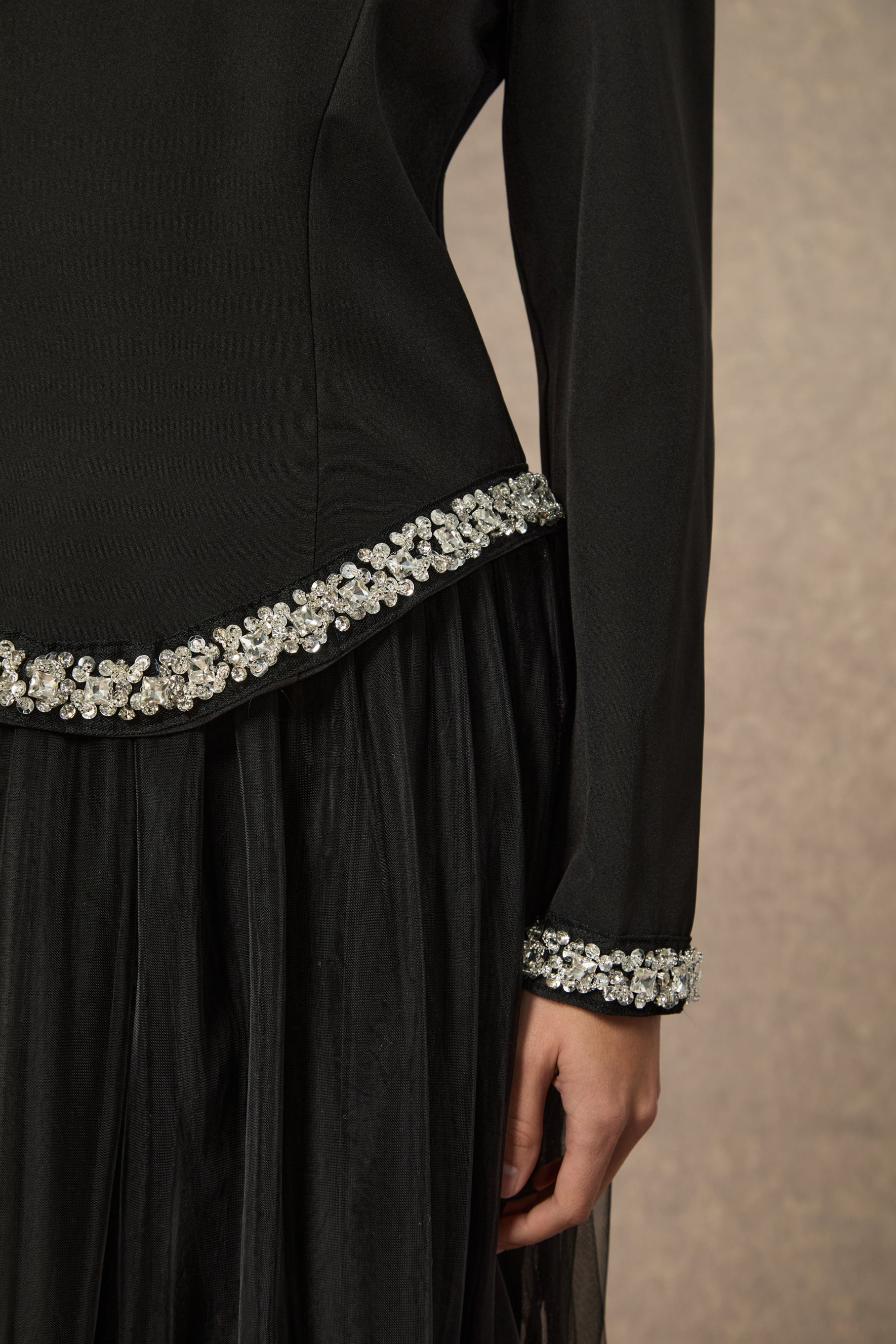 Black Crystal-Embellished Top & 3D Flower Skirt Set